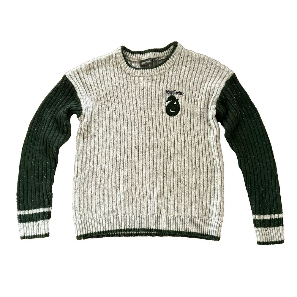 Harry Potter Slytherin Sweater Gray Dark Green Ribbed Embroidered Woman's Size S